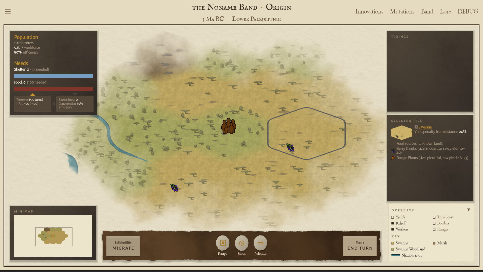 A screenshot of the very beginning of the game: a map, icons and menus